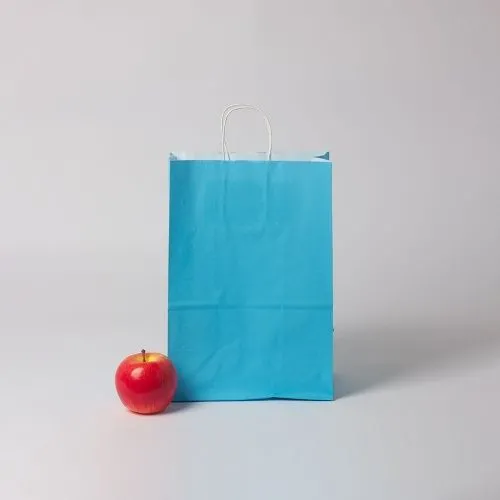 Пакет 22x32x13, голубой, крафт, белые крученые ручки,