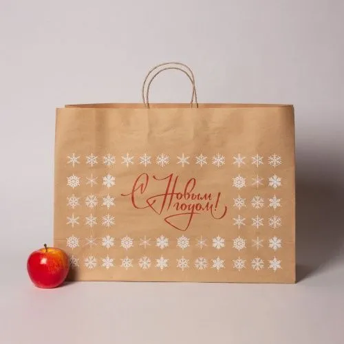 Пакеты бумажные, 47x34x16, "Снежинки С новым годом" коричневый