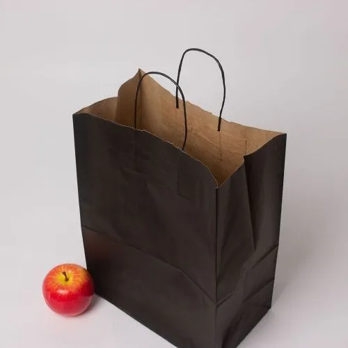 Пакет 26x35x14, черный, черные крученые ручки, крафт