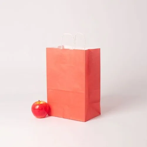 Пакет бумажный 25x32x11, красный, крафт, ручка крученая