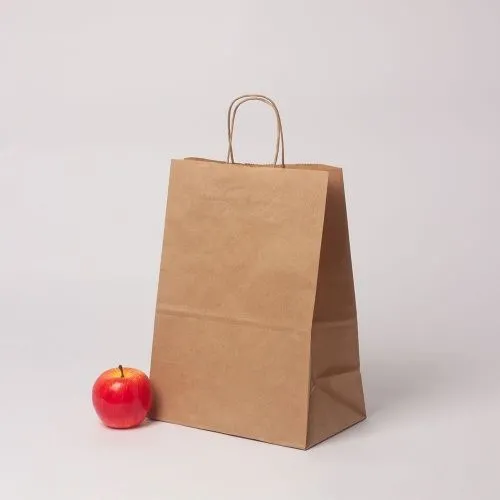Пакет бумажный 26x35x15, коричневый, крафт, ручка крученая