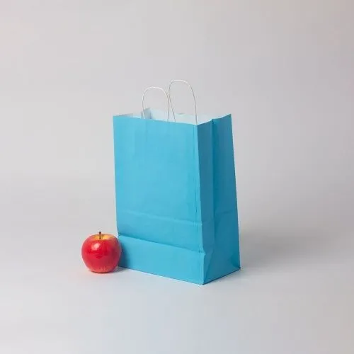 Пакет 22x32x13, голубой, крафт, белые крученые ручки,