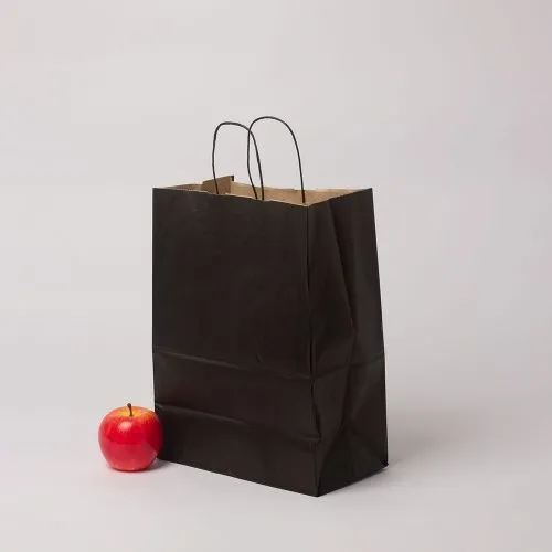 Пакет 26x35x14, черный, черные крученые ручки, крафт