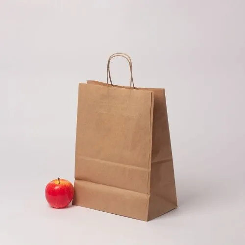Пакет бумажный 26x35x15, коричневый, крафт, ручка крученая