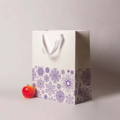Пакеты бумажные, 33x40x16, Снежинки белый матовый