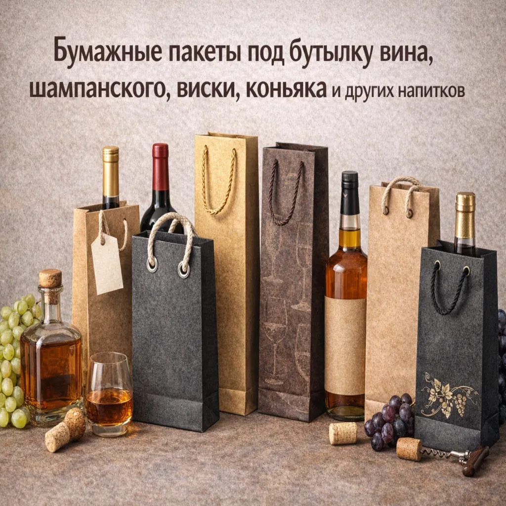 Бумажные пакеты под бутылку вина, шампанского, виски, коньяка и других напитков